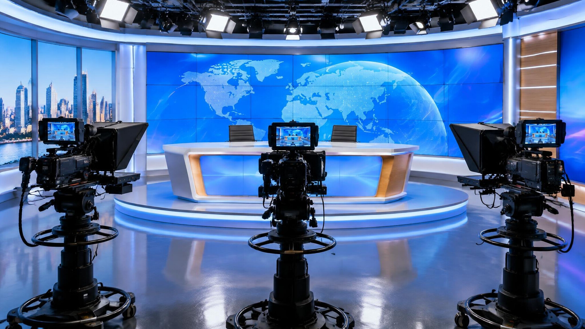 Television news studio with three cameras on pedestals and a presenter desk