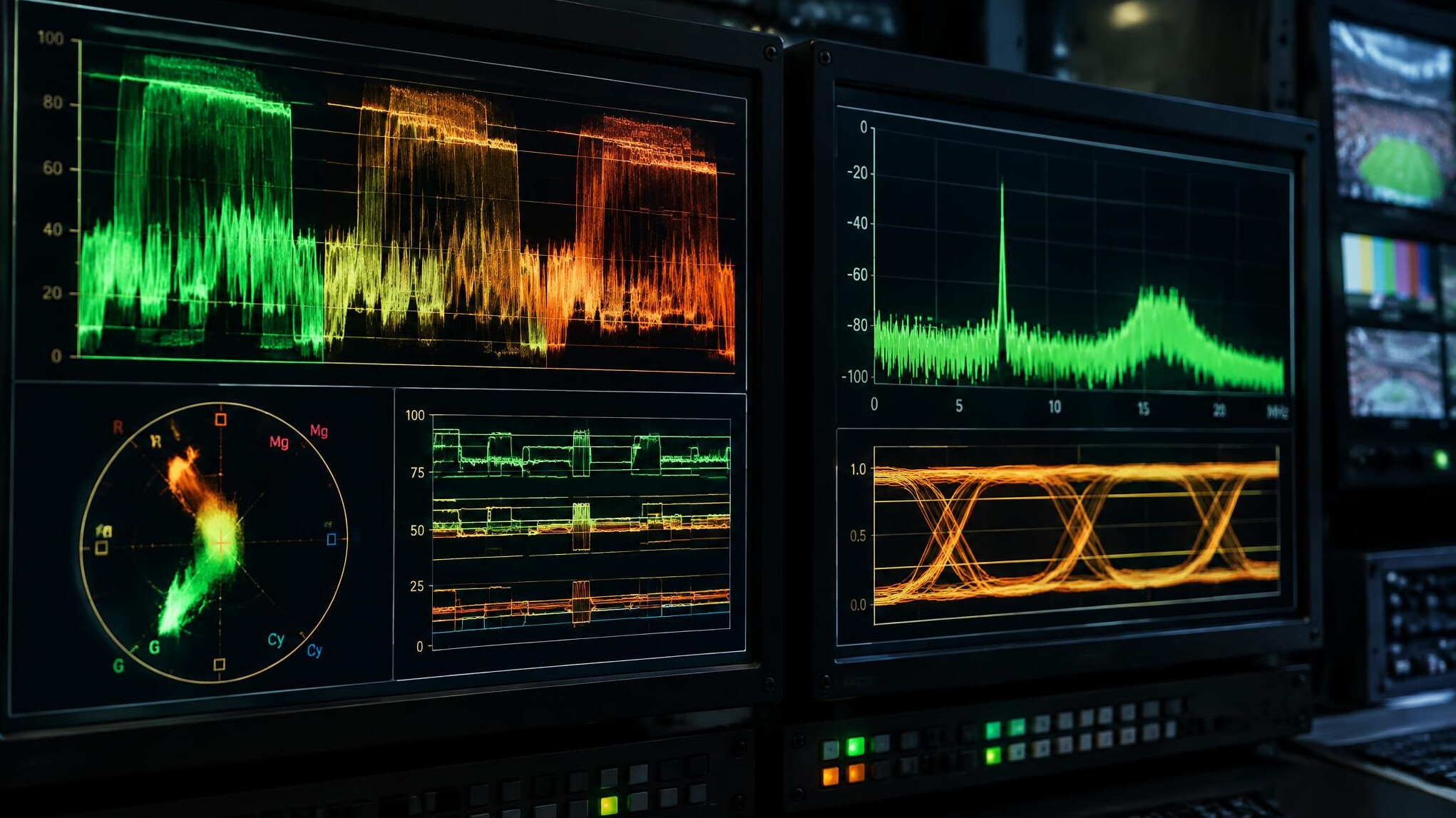 Waveform monitor and signal analyser screens in a broadcast engineering room