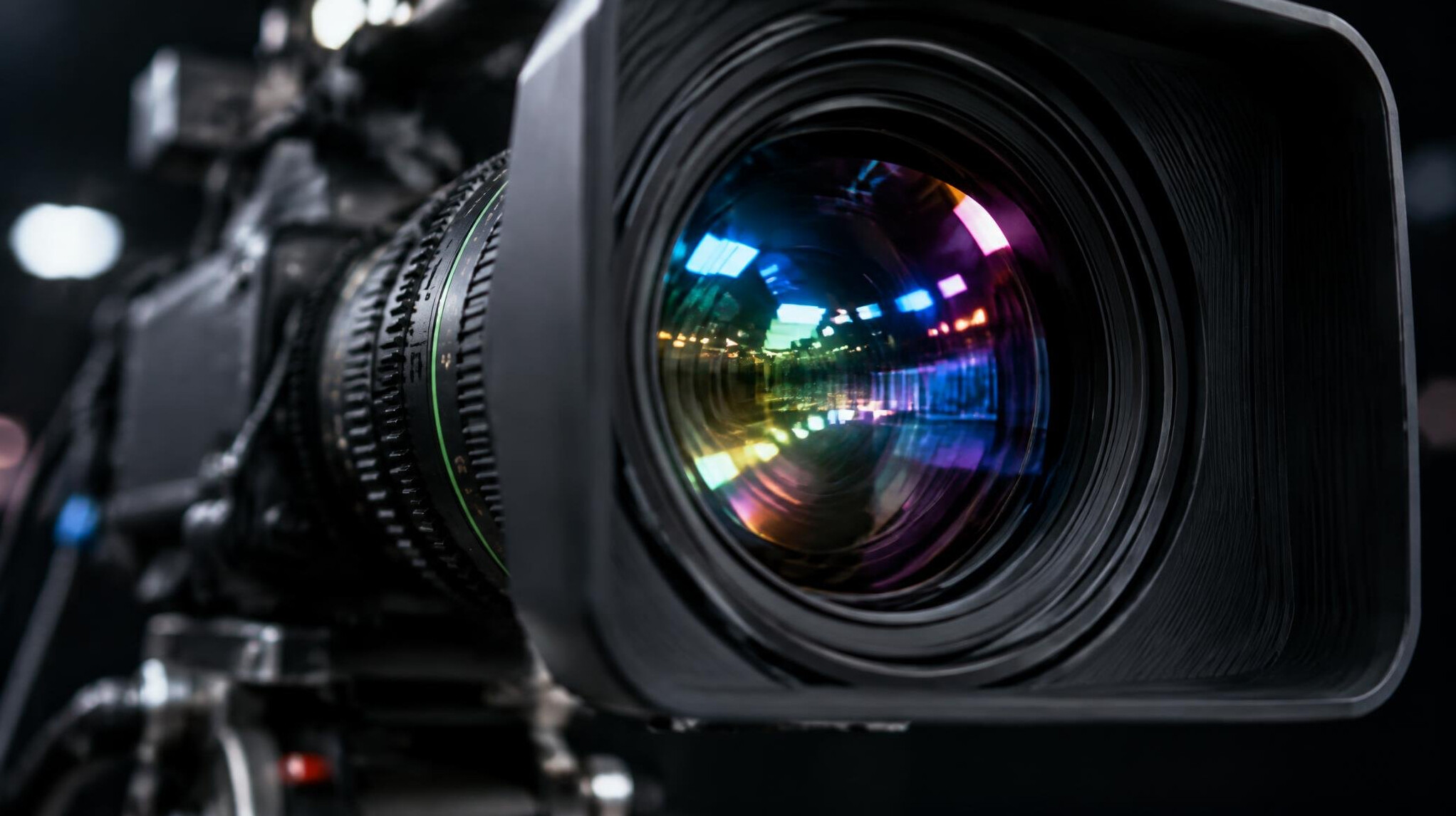 Close-up of a broadcast camera lens reflecting studio lights