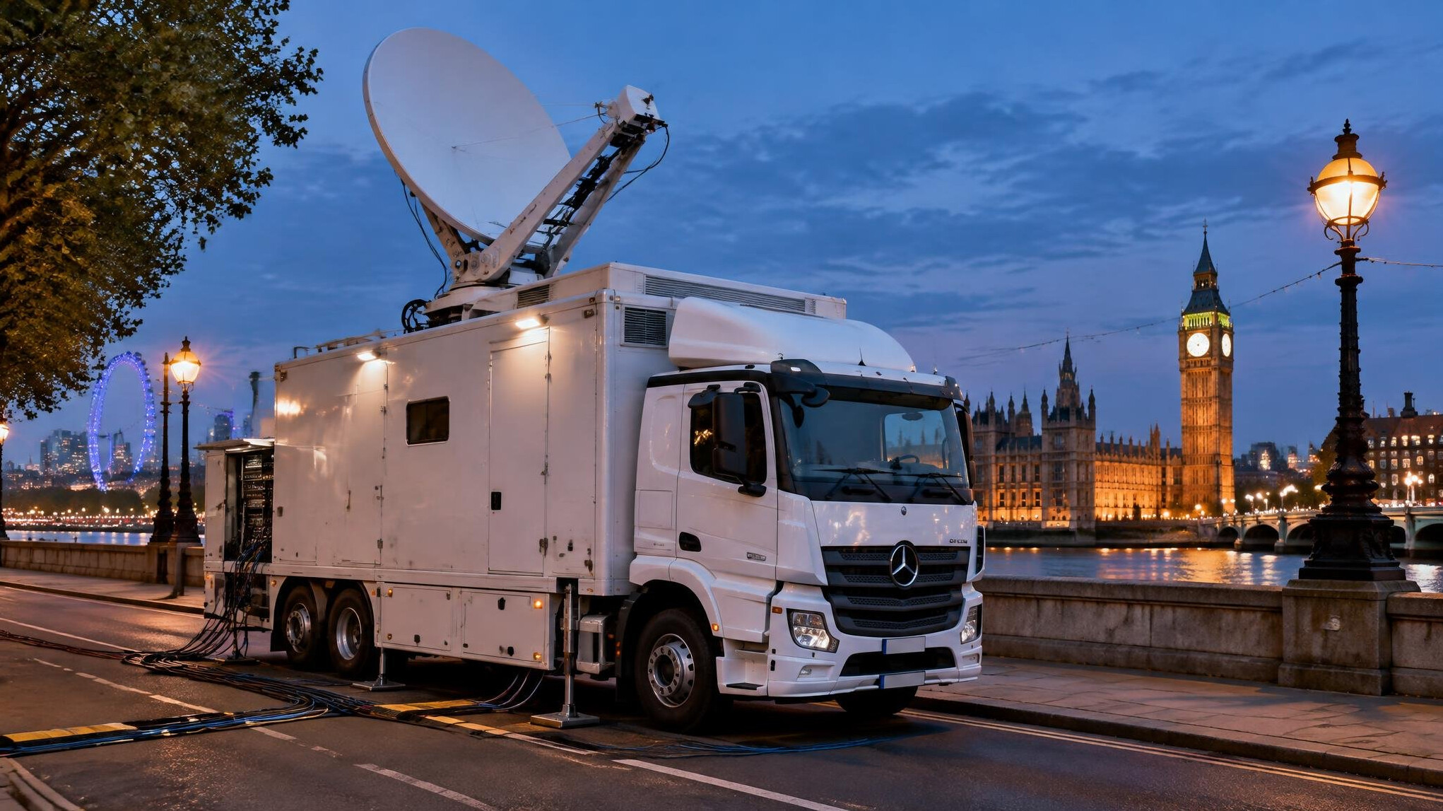 Outside broadcast truck with a satellite dish on a city street at dusk
