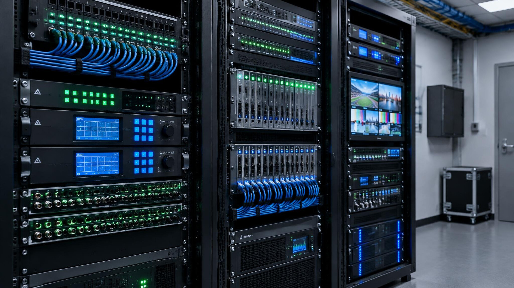 Rack of broadcast signal routing equipment with glowing indicator lights