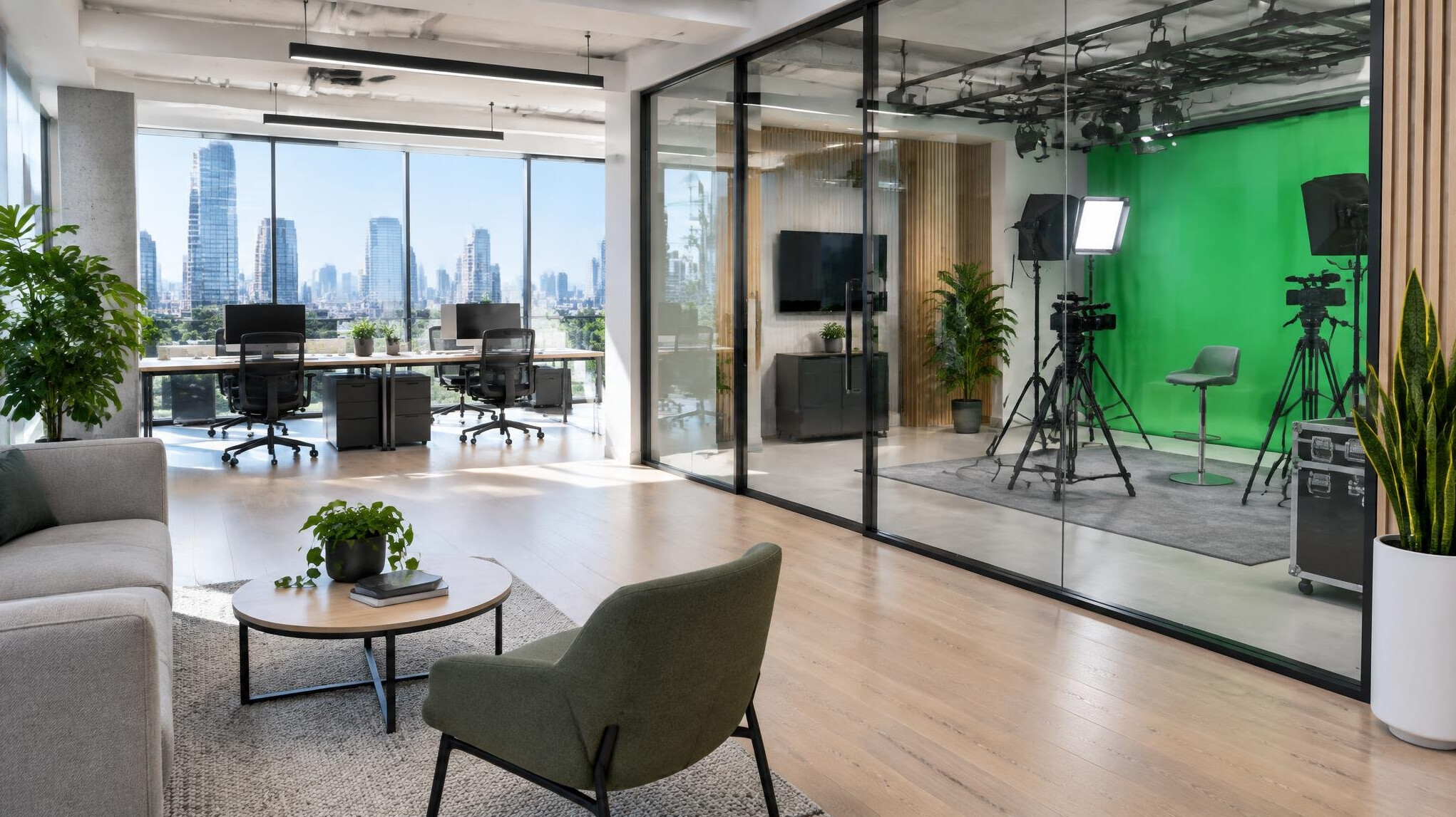 Modern office reception with a glass wall and a view of a studio